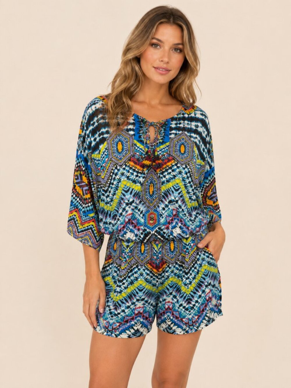 Red Carter Colorful Geometric Print Romper beach cover up shorts Small